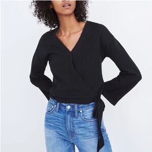 NWT Madewell texture & thread wrap top black long sleeve v neck small J9105‎